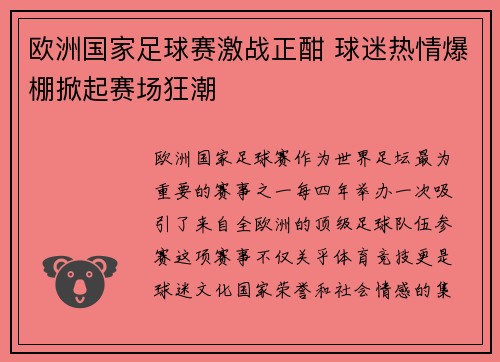 欧洲国家足球赛激战正酣 球迷热情爆棚掀起赛场狂潮