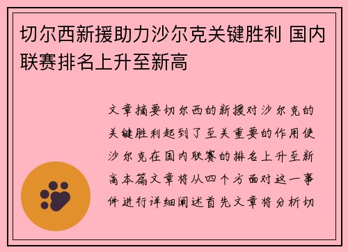 切尔西新援助力沙尔克关键胜利 国内联赛排名上升至新高