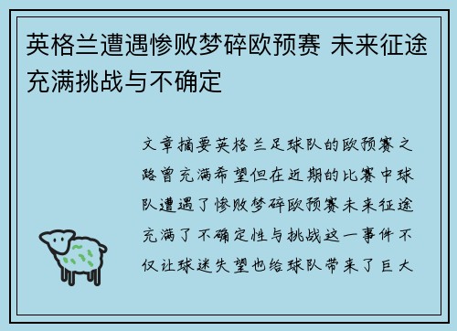 英格兰遭遇惨败梦碎欧预赛 未来征途充满挑战与不确定