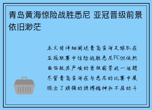 青岛黄海惊险战胜悉尼 亚冠晋级前景依旧渺茫