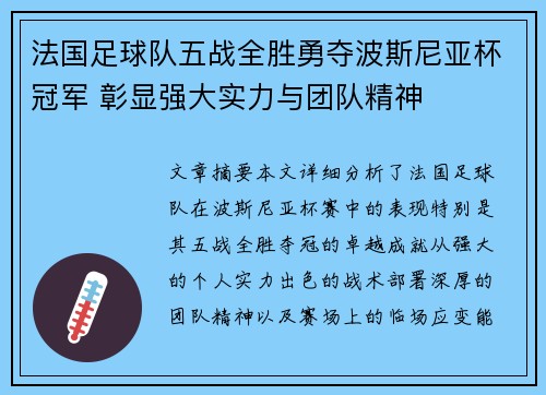 法国足球队五战全胜勇夺波斯尼亚杯冠军 彰显强大实力与团队精神