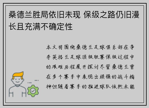 桑德兰胜局依旧未现 保级之路仍旧漫长且充满不确定性