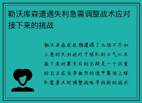 勒沃库森遭遇失利急需调整战术应对接下来的挑战