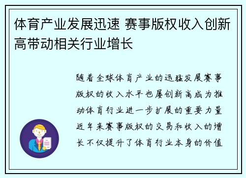 体育产业发展迅速 赛事版权收入创新高带动相关行业增长