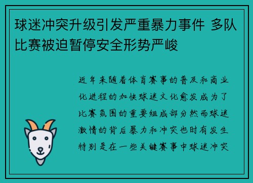 球迷冲突升级引发严重暴力事件 多队比赛被迫暂停安全形势严峻